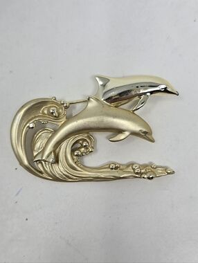 Vtg AJC dolphin brooch gold tone matte shiny ocean waves summer costal animal